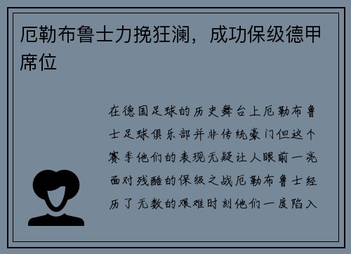 厄勒布鲁士力挽狂澜，成功保级德甲席位